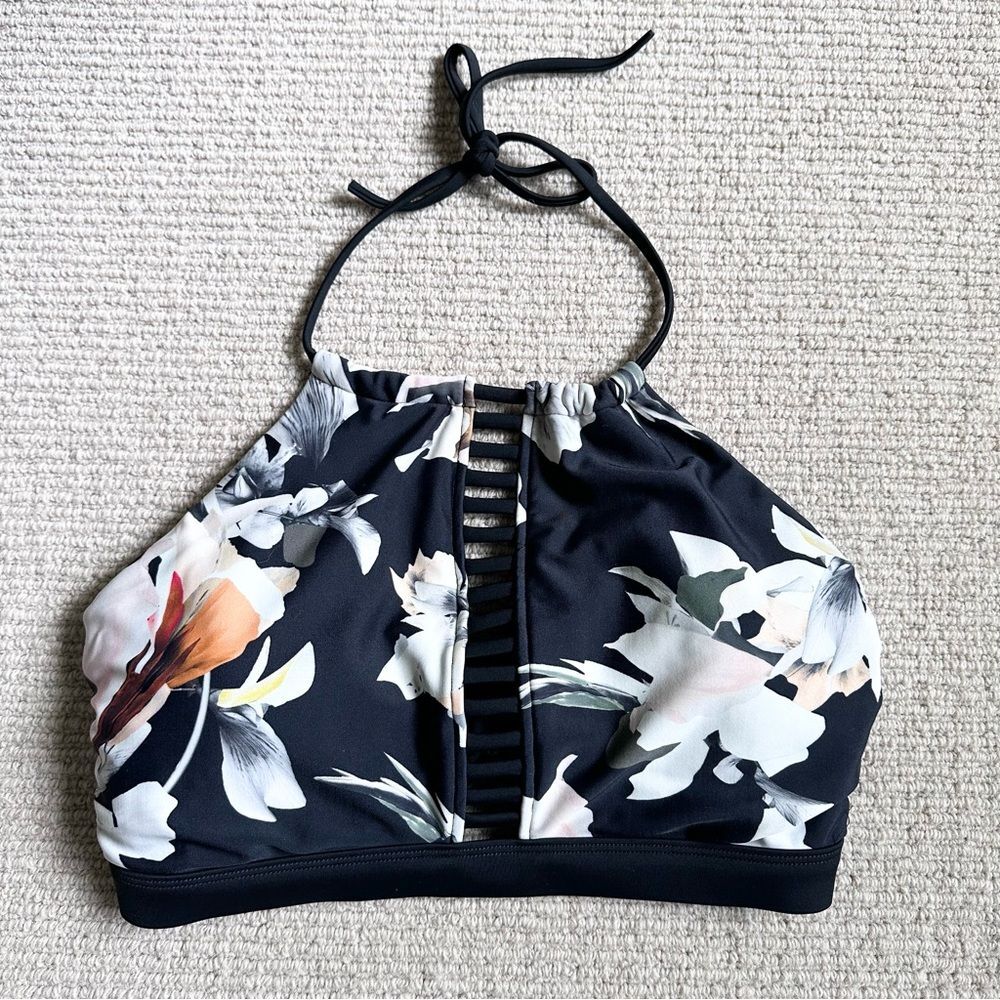 Athleta Black Floral Bikini Top Black White Medium